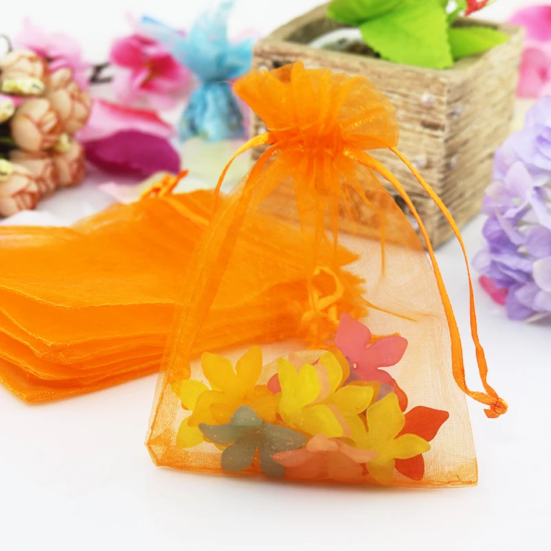 

Free Shipping 200pcs/lot 9x12cm Small Organza Bag Orange Drawable Jewelry Packaging Bags Cute Wedding Gift Bag Organza Pouches