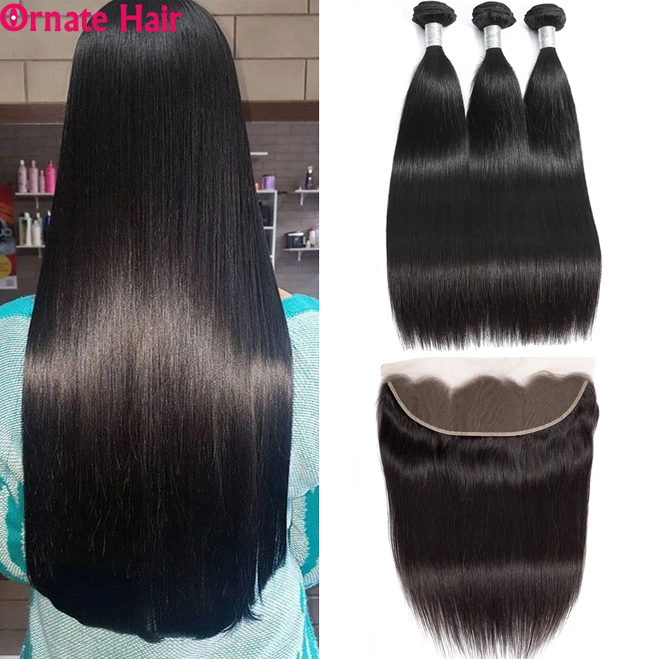 Ornate Brazilian Straight Hair Bundles With Frontal Non Remy Human Hair Bundles With Closure 13X4 Lace Frontal With Hair Bundles
