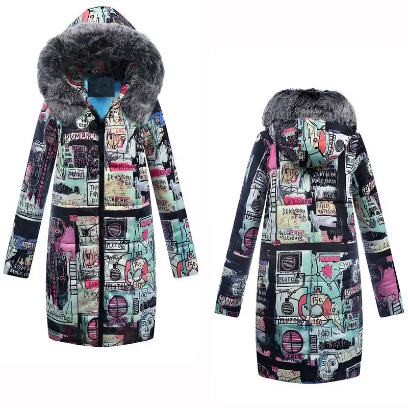 2018 new letter designer women print black coat long sleeve slim hooded Parkas coat with fur collar Coats