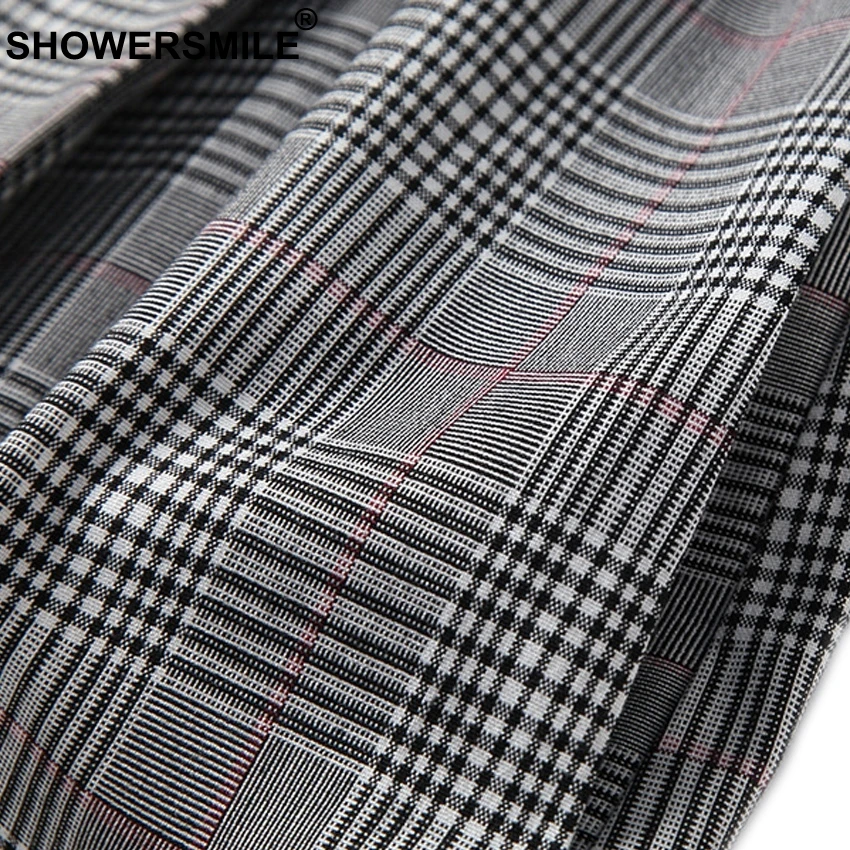 SHOWERSMILE Spring Grey Women Checkered Vest Slim Fit Belt Sleeveless Long Office Jackets With Pockets Elegant Waistcoat Plaid
