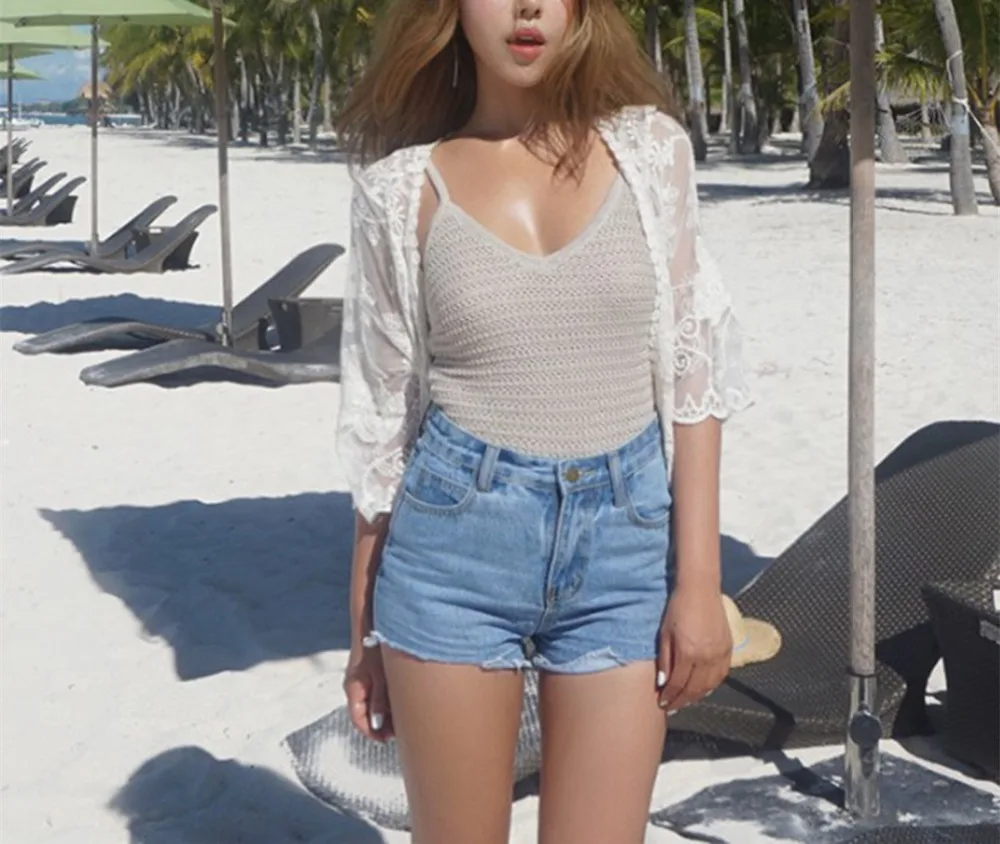 Puseky Blusas 2018 женская верхняя одежда кружево кроше длинный рукав Пляжное кимоно