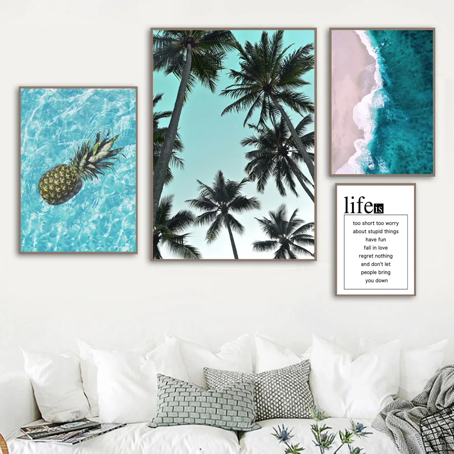 Us 31 31 Offpineapple Palm Tree Blue Sea Beach Quote Wall Art Canvas Painting Nordic Posters And Prints Wall Pictures For Living Room Decor In