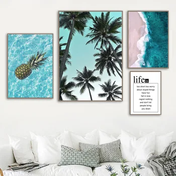 

Pineapple Palm Tree Blue Sea Beach Quote Wall Art Canvas Painting Nordic Posters And Prints Wall Pictures For Living Room Decor