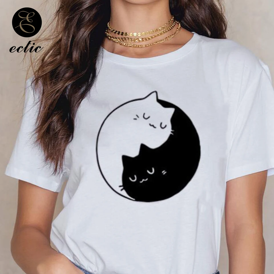 Yin Yang футболка с котом символ Camisa бланка Mujer 4xl повседневные женские футболки