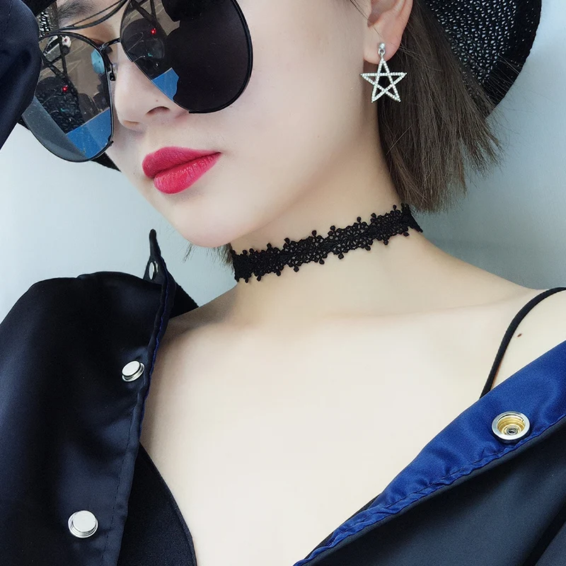 032 17 De Réductionnk239 Nouvelle Mode Gothique Tatouage Noir Harajuku Punk élastique Creux Fleur Dentelle Chokers Collier Pour Femmes Bijoux