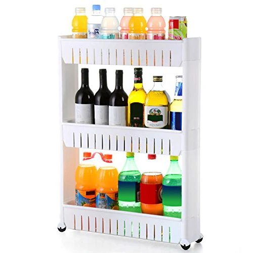 

3 Tier Slide Out Storage Tower in Bathroom With Wheels Racks