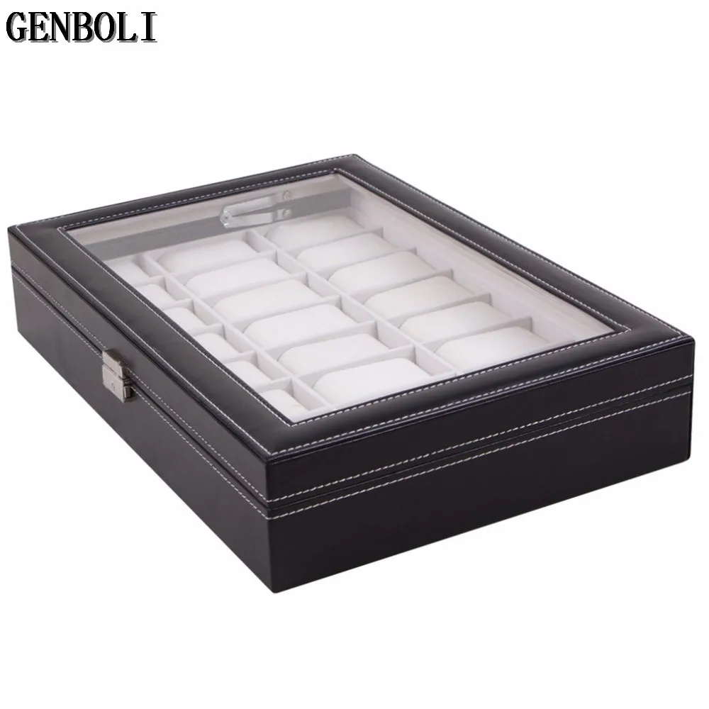 GENBOLI Watch Boxes Metal Lock 24 Grid Display Glass Black Leather Storage Case Classical Holder Pillow