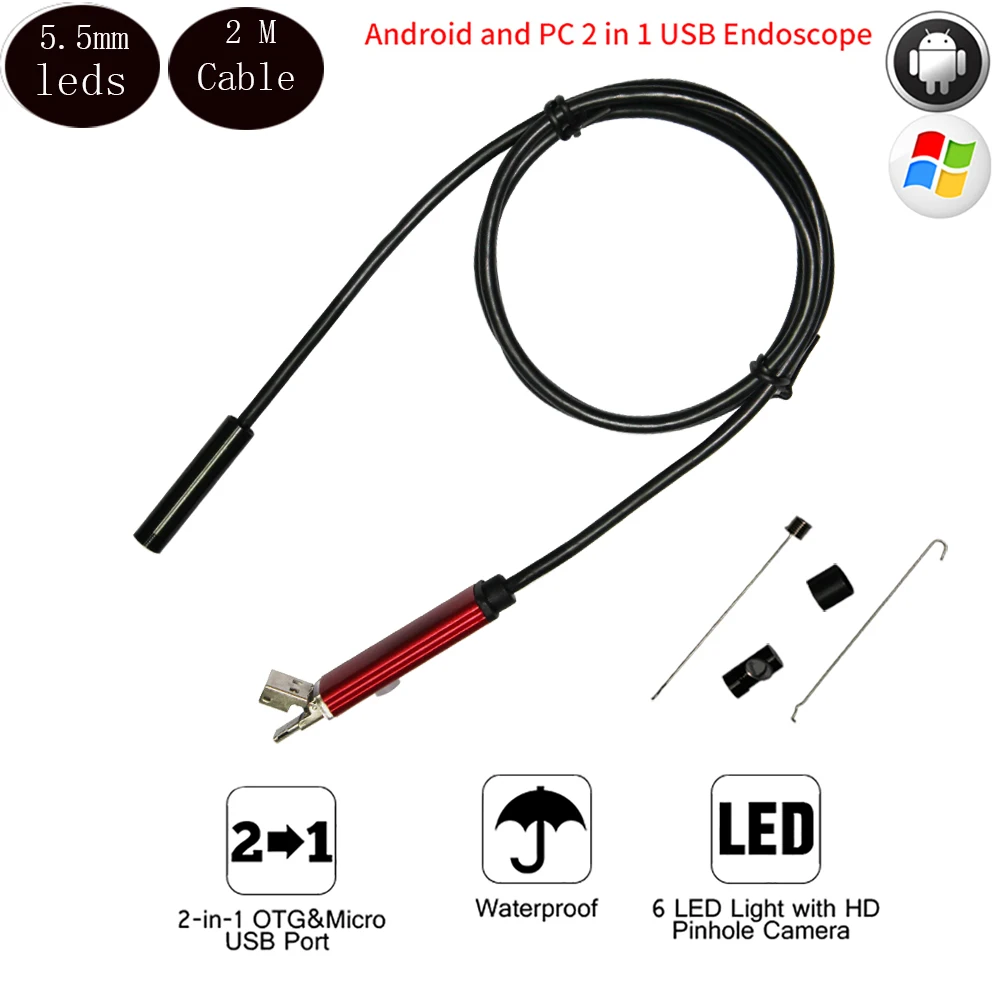 

5.5mm 2M Waterproof  USB Endoscope Camera Borescope Photo Capture Inspection Scope 6 White LEDs Tube for Android Phone PC