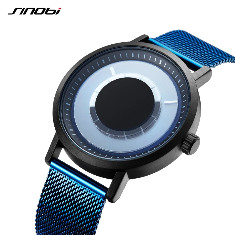 

SINOBI Creative Design Men Quartz Watch Mens Unique Rotate Concept Wristwatch Male Casual Mesh Steel Watches Relogio Masculino