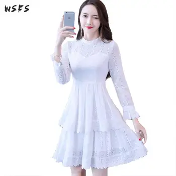 

Autumn Womens Dress White Lace Long Flare Sleeve Vintage Ruffles Party Sexy Dress Bodycon Office Ladies Mini Aline Sundresses