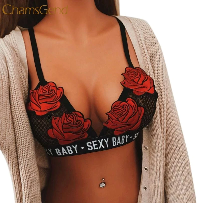 

Elegant Women's Lace Bra Rose Bandage Embroidered Appliques Floral Bralette Intimates Unpadded Underwear Black Red M18