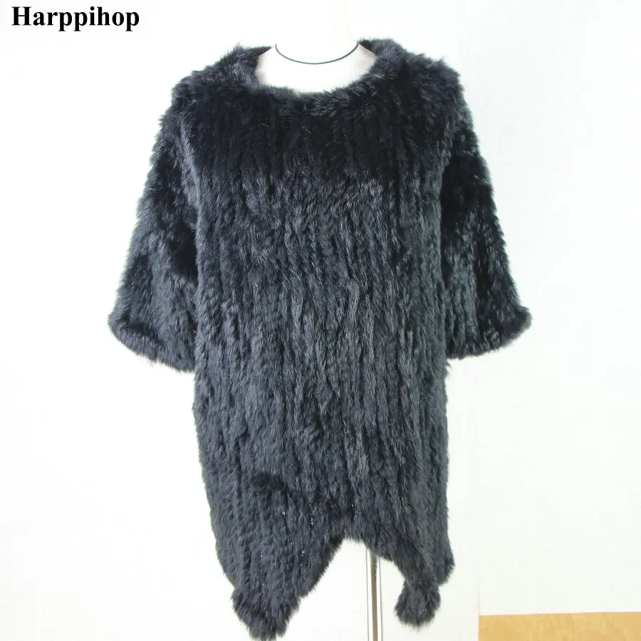 Harppihop осенне-зимняя женская меховая накидка с круглым вырезом, Вязаная Шаль из кроличьего меха, меховая накидка, верхняя одежда, пончо из кроличьего меха