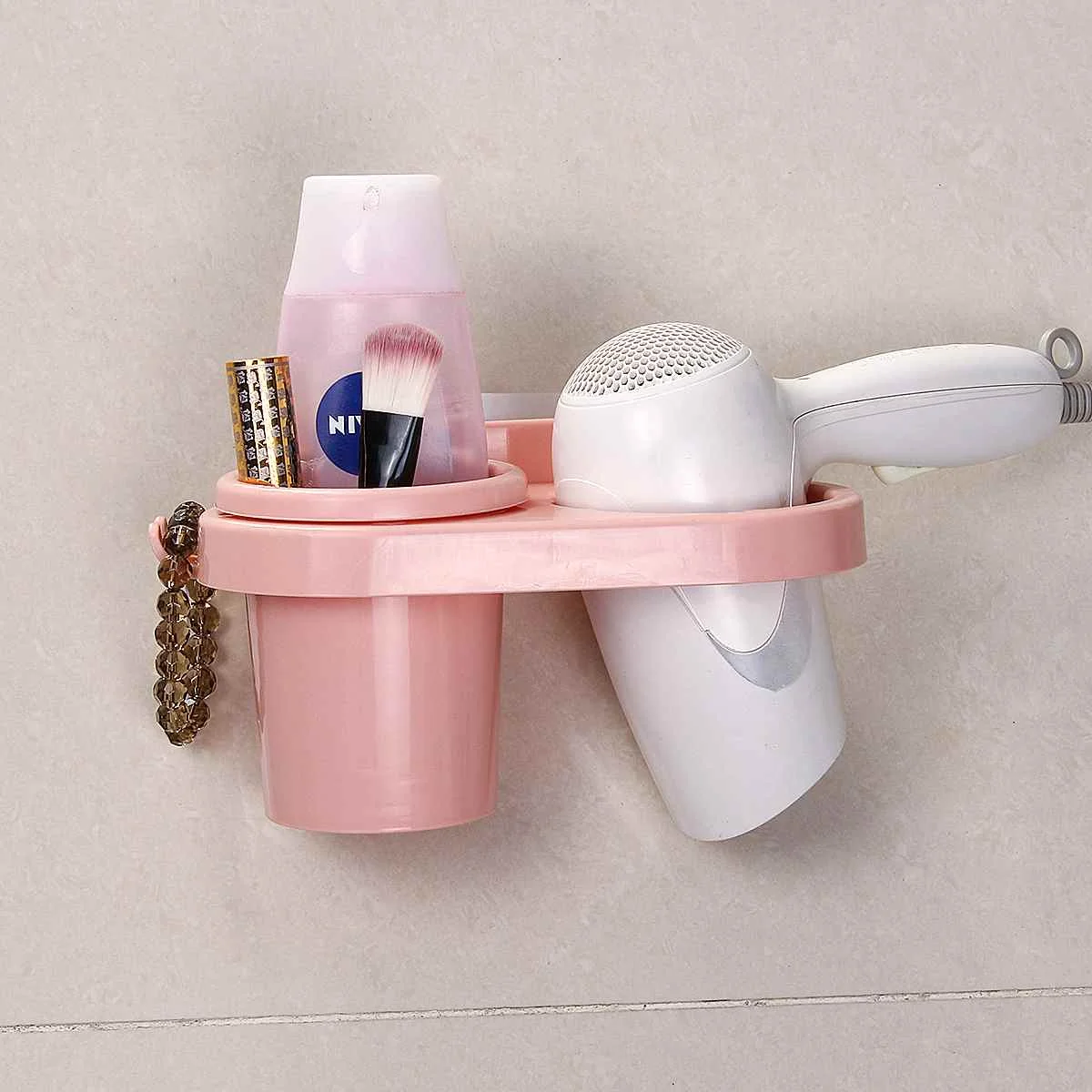 Сушилка для волос, держатель для гребня, органайзер для хранения в ванной, самоклеящаяся настенная подставка для выпрямителя шампуня - Цвет: Pink