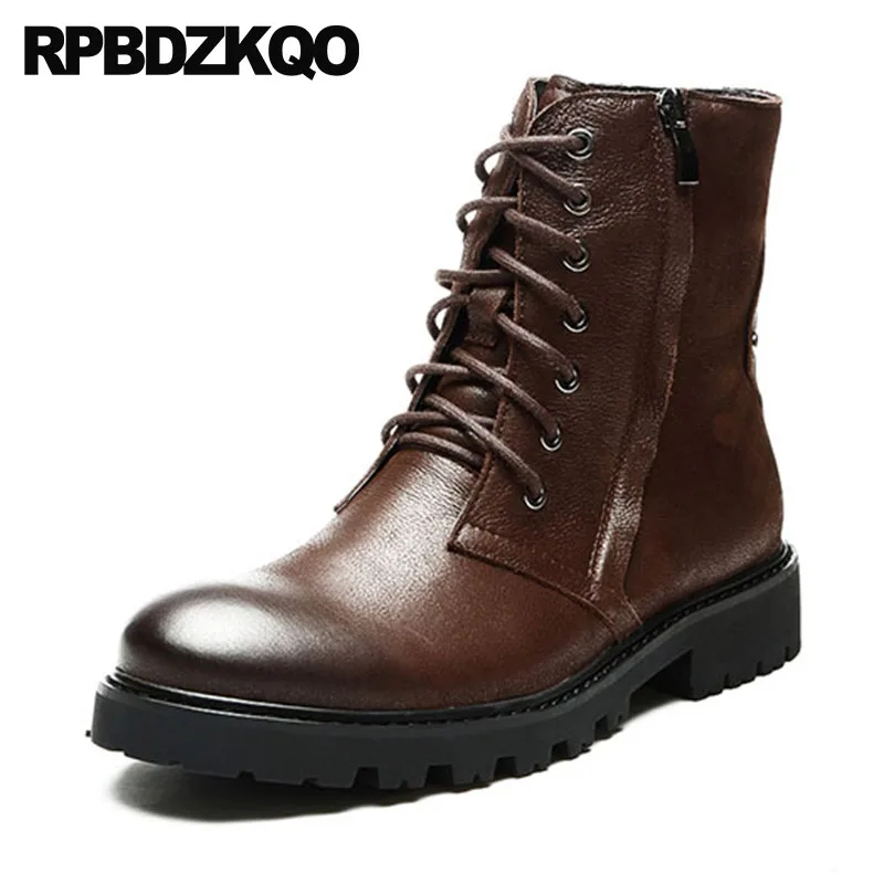 

Luxury Brown Thick Soled Short Fur Military Combat Full Grain Army Mens Winter Boots Warm Designer Shoes Ankle Genuine Leather