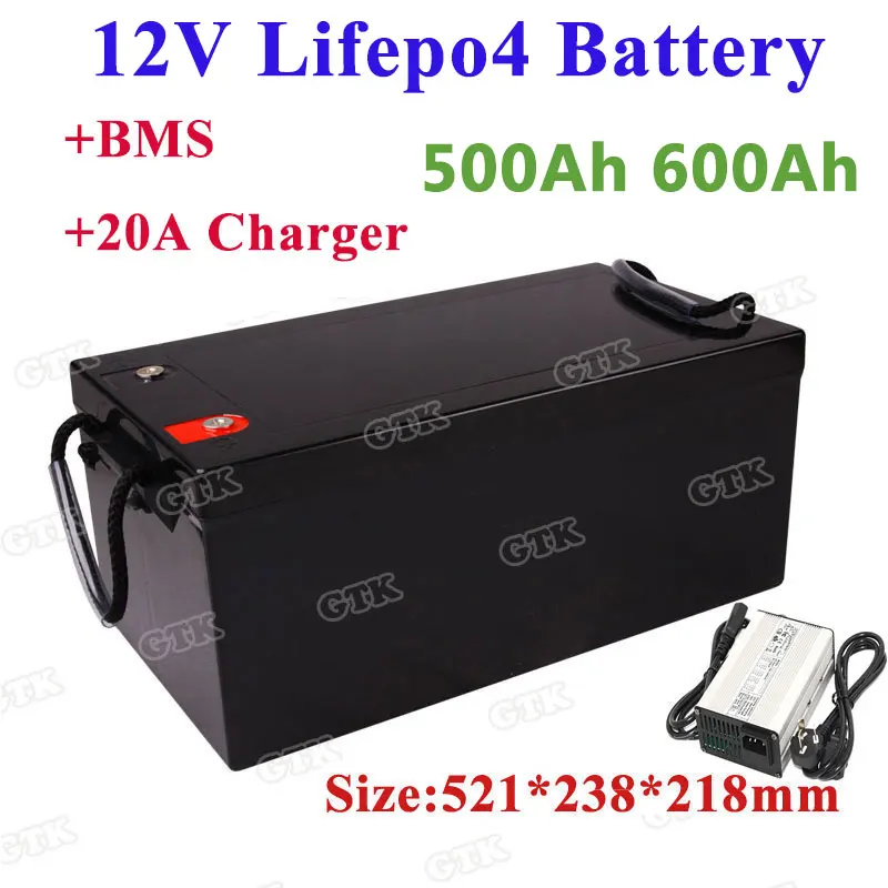 

Powerful 12V 500Ah 600Ah Lifepo4 lithium battery with BMS for Solar energy storage motor homes sightseeing vehicle+20A charger