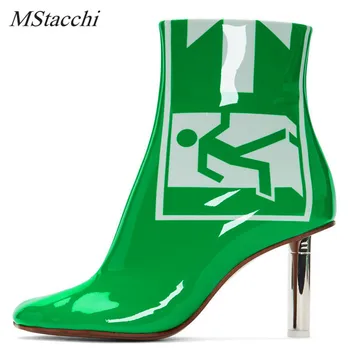 

Mstacchi New United States Fashion Printed High Heel Ankle Boots Women Sexy Green Patent Leather Short Boots Zipper Female Botas