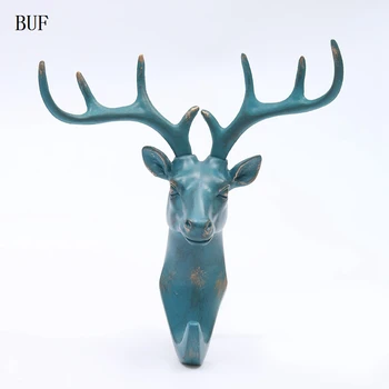 

BUF American Country Style Deer Head Hanging Decoration Retro Antlers Hook Wall Decoration Vintage Resin Deer Head Wall Rack