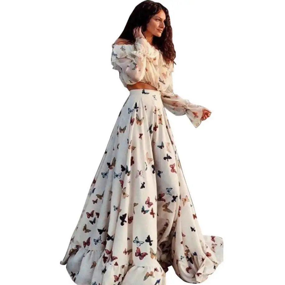 

Butterfly Printed 2 Pieces Bohemian Beach Dress Casual Summer Holidays Women Clothes Sexy Party Night Elegant Maxi White Dress