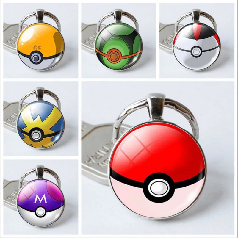 

Pikachu Pokemon Pokeball Silver Plated Key Chains Umbreon Round Glass Dome Pendant Keychain Key Rings Keyring Leafeon Gift