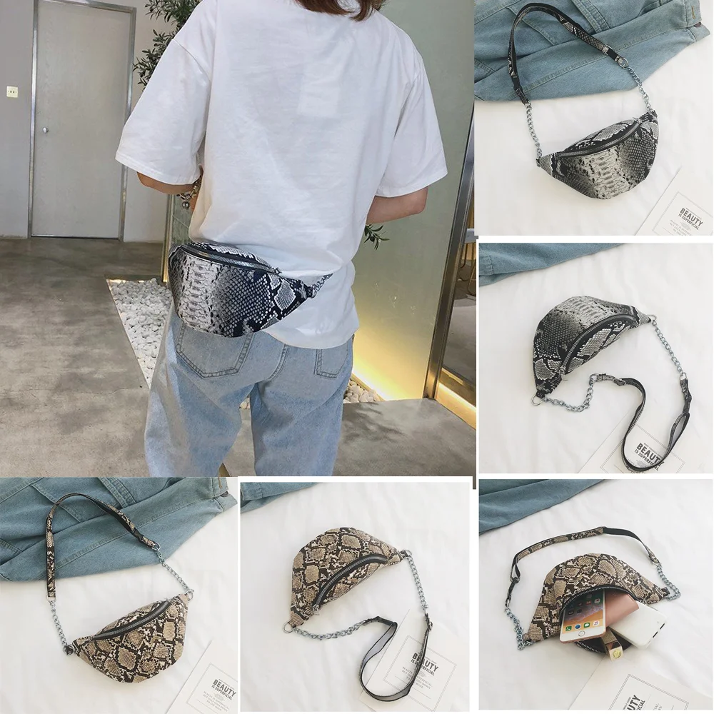 New Style Fashion Snake Pattern Chain Shoulder Waist Bags Fanny Pack Travel Waist Festival Money Belt PU Leather Holiday