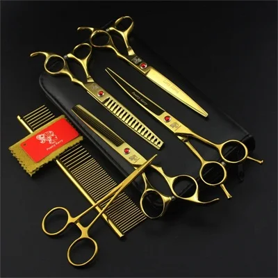 gold PK-706 Высокое качество 7,0 дюймов профессиональные ножницы для стрижки собак Ножницы Набор Собака резак для волос прямые и изогнутые и истончающие ножницы - Цвет: gold PK-706