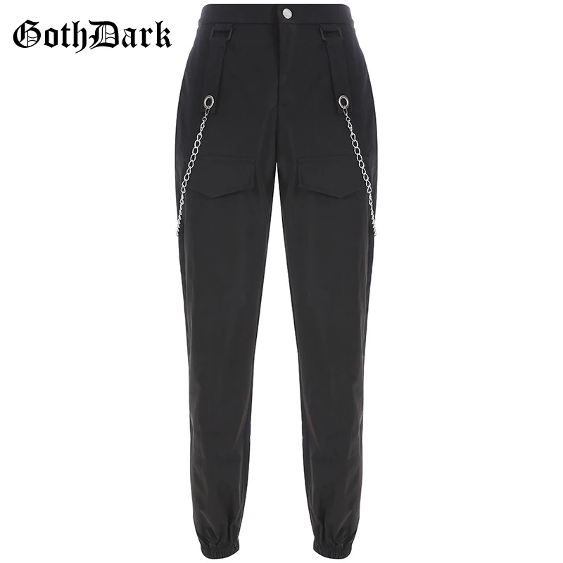 Goth Dark Solid Black Punk Gothic Female Pants Streetwear Patchwork Chain Pockets Autumn 2019 Trousers For Women Fahion Casual Goth Dark Solid Black Punk Gothic Female Pants Streetwear Patchwork Chain Pockets Autumn 2019 Trousers For Women Fahion Casual