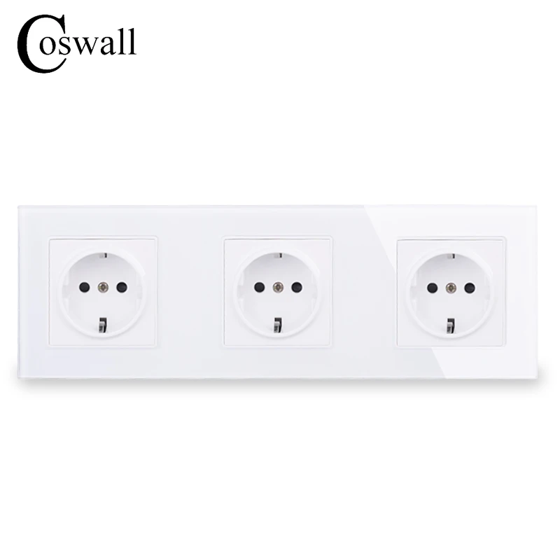 Розетка COSWALL с заземлением настенная Хрустальная стеклянная панель 3 клавиши 16 А