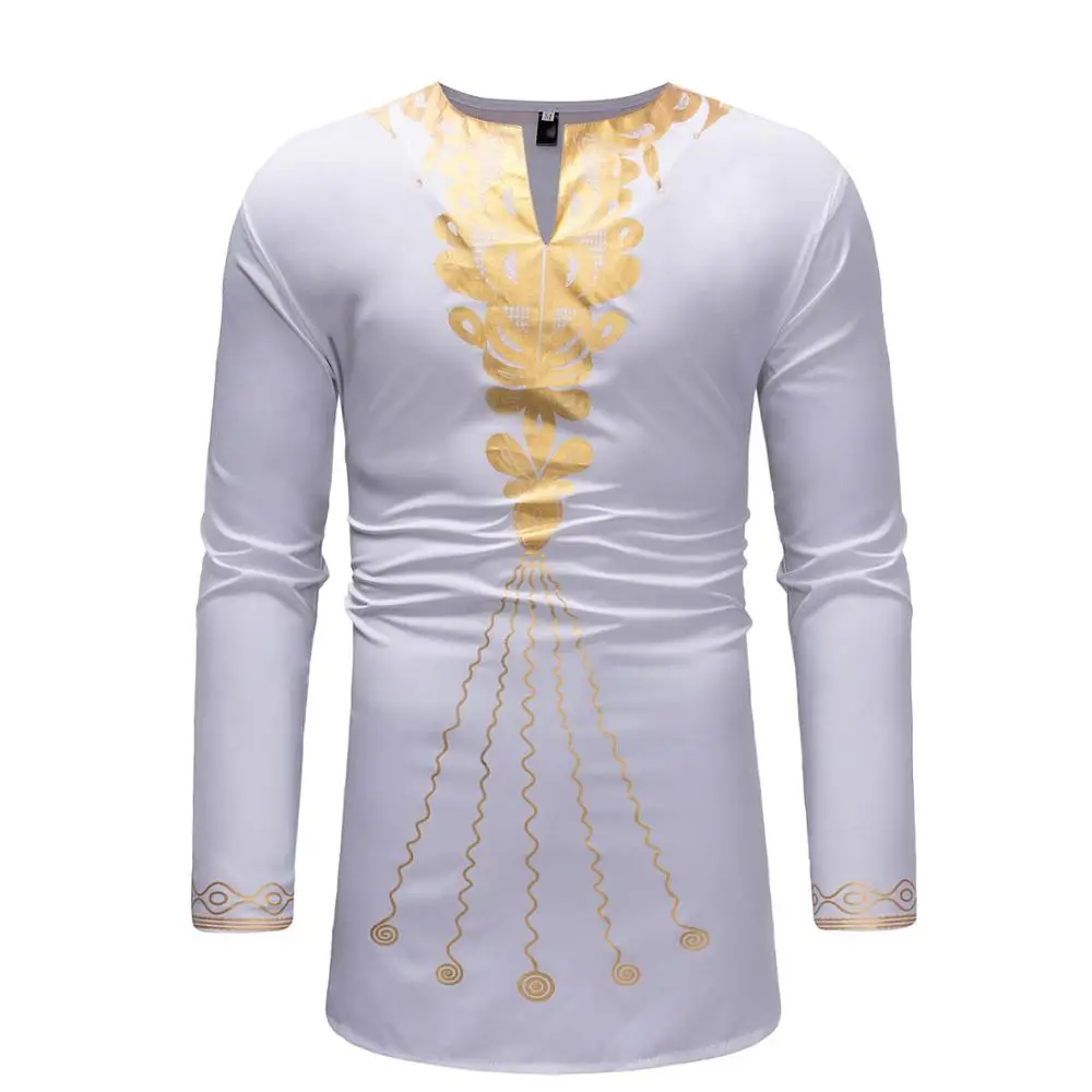 GuyuEra New African Dashiki T-shirt Print Design Men's Long-Sleeved Clothing V-neck Design Plus size M-3XL