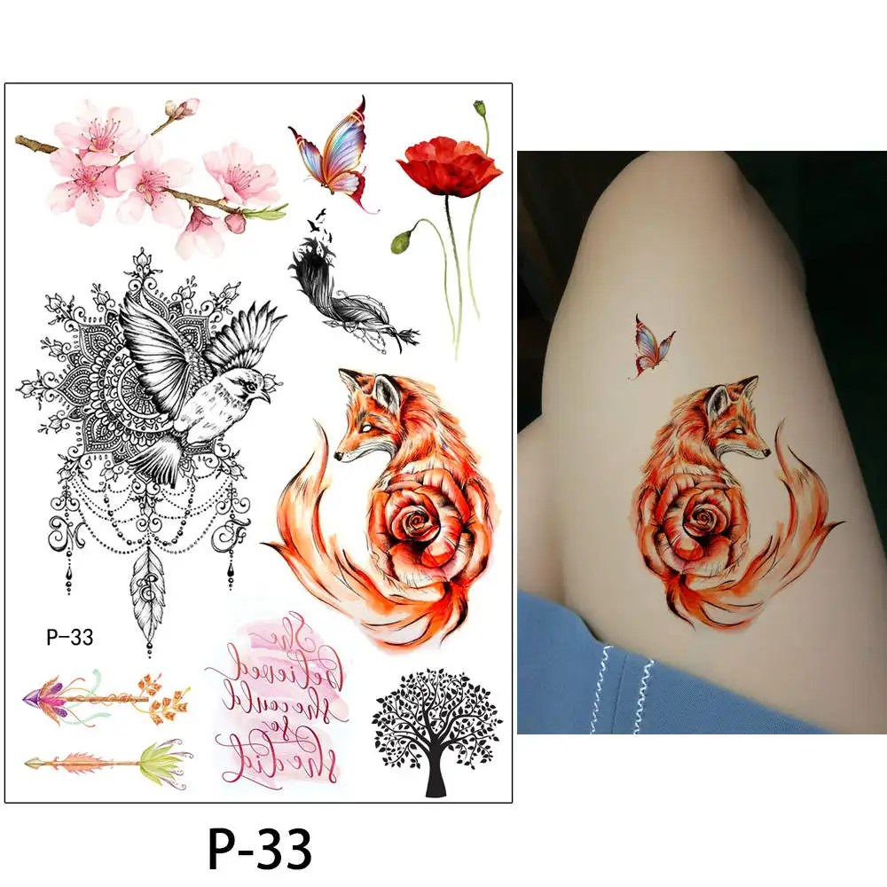 Новое поступление, 1 лист, временная татуировка, наклейка, KM-056, цветок, рука, боди-арт, водостойкая татуировка, красота, лиса, женская, кокетка, наклейка, дизайн - Цвет: P-33