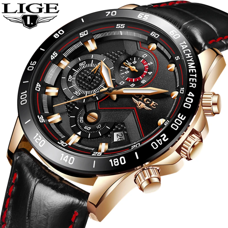 LIGE Watch Men Leather Strap Casual Military Watches Top Brand Luxury