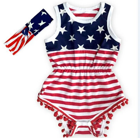 

2016 new 6Pcs/Lot Free Shipping Baby Rompers Girl American 4th of July Pom pom Rompers Jumpsuits Newborn + Headband