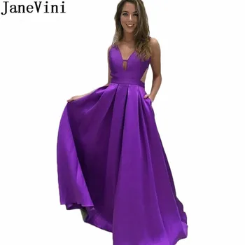 

JaneVini V-Neck Purple Bridesmaid Dress with Pockets Long Satin Bridesmaids Party Gowns 2019 Backless A Line Wedding Guest Dress