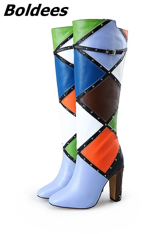 Bloque Hebilla Talón Rodilla Decoración Color Mujeres Chunky Diseñador Moda De Remaches Emparejado Tacones Botas Motocicleta wIfFTaqBx