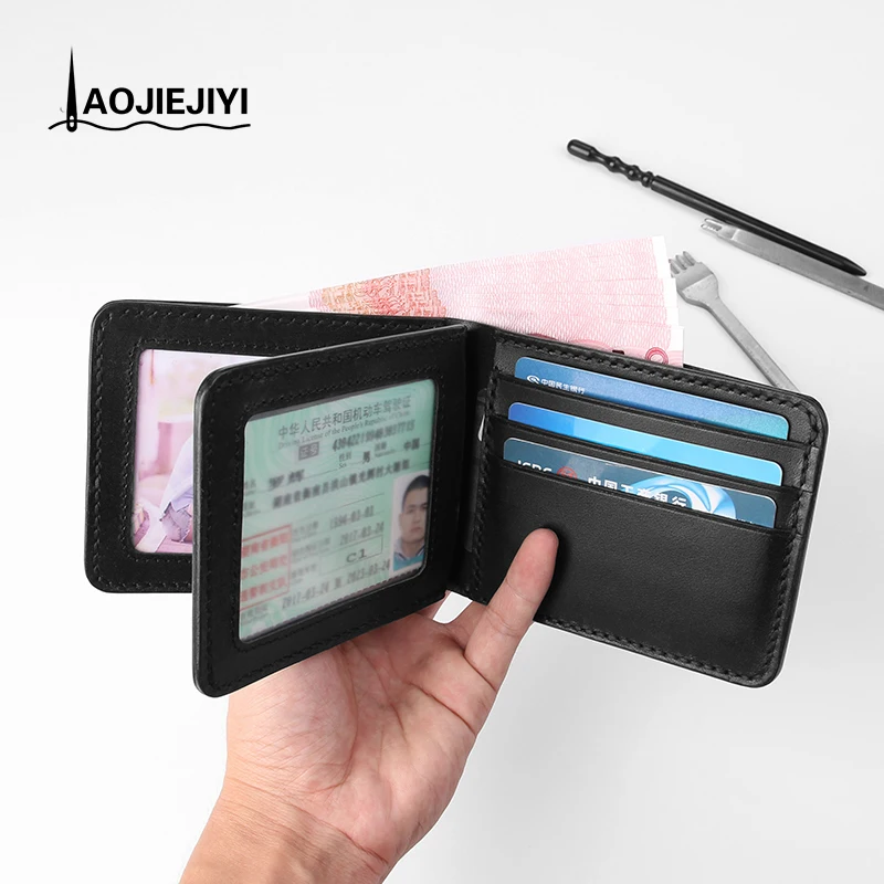 

New tri-fold hand wallet men Leather Japan and South Korea short wallet Pure hand stitching vegetable skin driving license leath