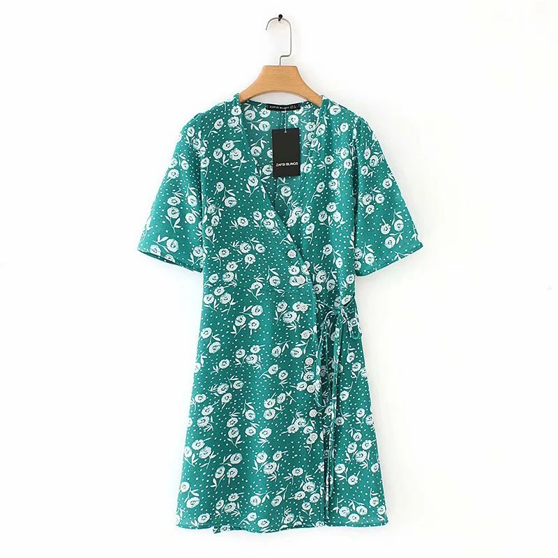 Women's Clothing Dress 2019 Polyester V-Neck Floral Print Waist Banded Dress Ms Summer Street Sexy Slim Fit Temperament Clothing