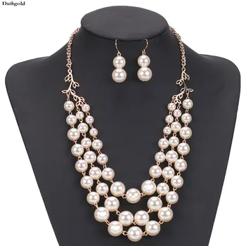 

3 Rows Multilayer Round Pearls Statement Necklace Earring Jewelry Sets For Women Party Wedding Necklace Jewelry Sets Duftgold