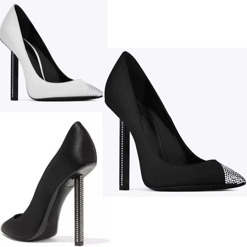 Knsvvli/туфли на высоком каблуке со стразами и острым носком; женские пикантные черные атласные туфли для торжеств; женские туфли-лодочки на тонком каблуке с кристаллами и шипами; сезон осень