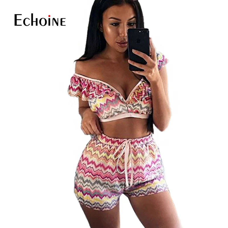 

Colorful Wave Printed Casual Two Piece Outfits Women Deep V Neck Short Sleeve Crop Top And Summer Boho Short 2 Two Pieces Sets