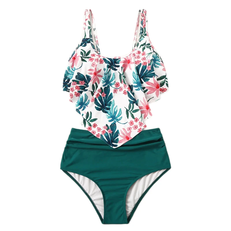 Romwe Sport Bikinis Set Exaggerated Ruffle Ruched Tropical Floaty Top With Ruched Two-Pieces Suits Women Summer Beach Swimwear 10