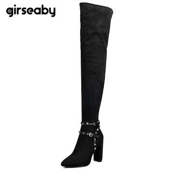 

Girseaby Styelish Women shoes High Heels Over the knee boots Female faux suede Riding Long boot Rivets Zipper Black Party Cool