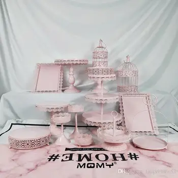 

14 Pcs Cupcake Metal Tray Plate 3 Tier Birdcage Round Fancy Pink Set Crystal Wedding Cake Stand