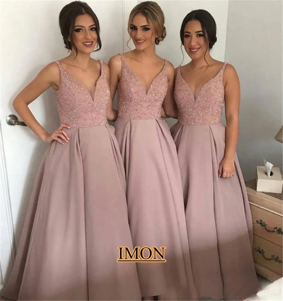2.2   Deep V Neck Sparking Blush Pink Bridesmaid Dress 2019 Sleeveless Beaded Prom Gowns Floor Length Stain Formal Party Dresses
