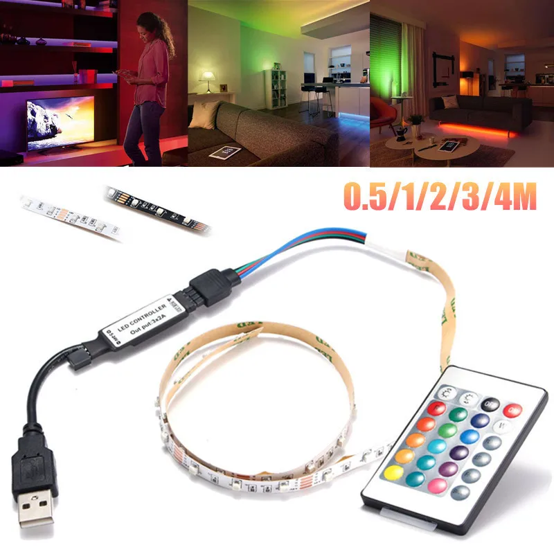 

Non Waterproof 3528 240/180/120/60/30 LED RGB LED Strip Light 5V Strip Lamp Flexible TV Back Lighting Kit With USB 24 Key Remote