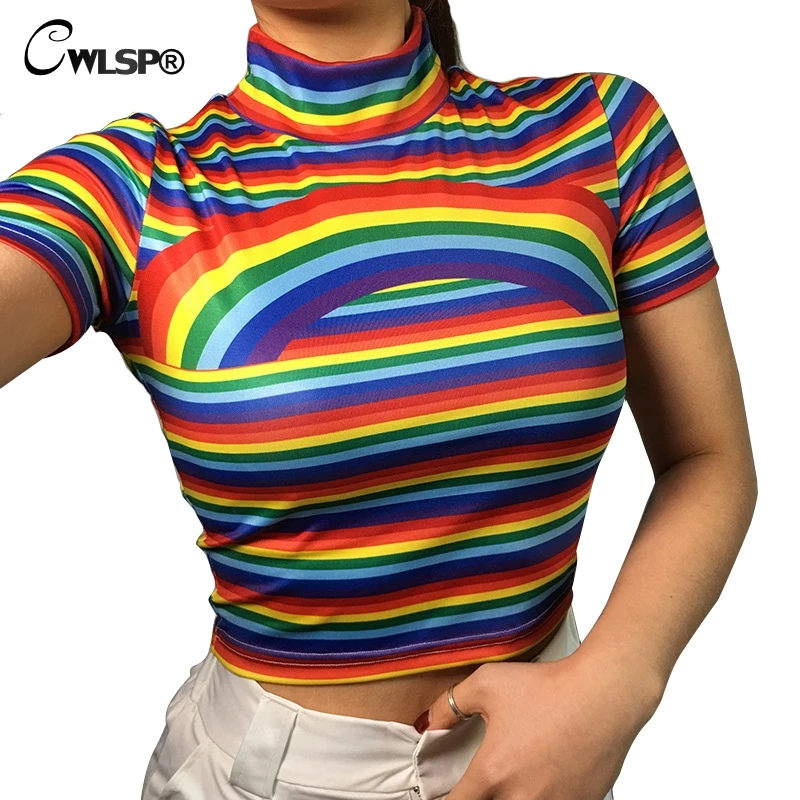 Download CWLSP Rainbow Mock Neck Summer T shirt Women Sexy Stripe Crop Tops Short Tees Short Sleeve ...