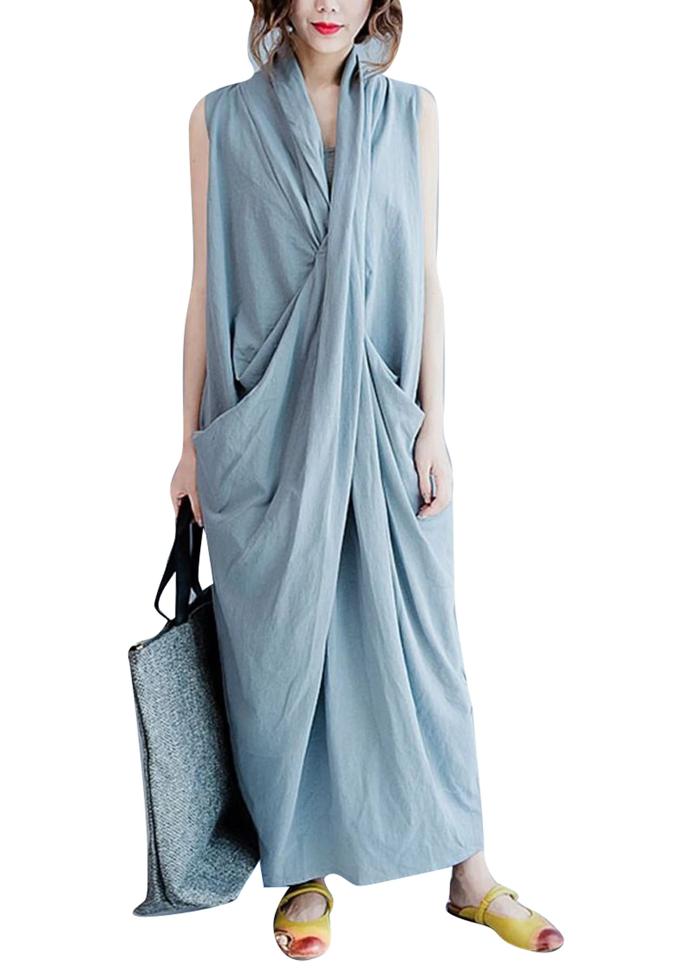 QA3 Women Loose Long Maxi Sexy Dress 100 Cotton Draped Back Slit Big