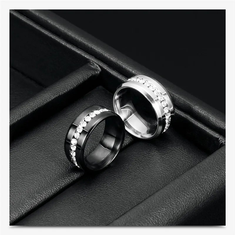 Modyle 2019 New Black and Silver Color Titanium Stainless Steel One Row CZ Stone Wedding Engagement Rings for Woman Men