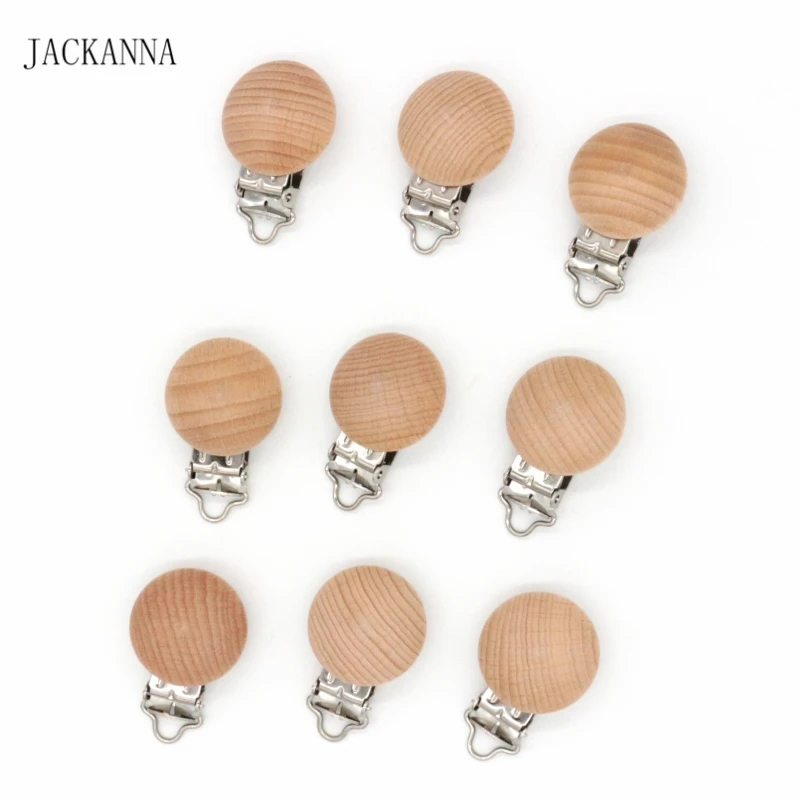 100PCS Beech Wood Pacifier Holder Metal Round Dummy Clip Infant Soother Clasps Accessories Eco