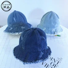 Летняя вымытая джинсовая Солнцезащитная шляпа для мальчиков и девочек, модная Гибкая шляпа с кисточками, женские широкие полями, пляжный набор игрушек для детей, шапки, Детские хлопковые складные Chapeu