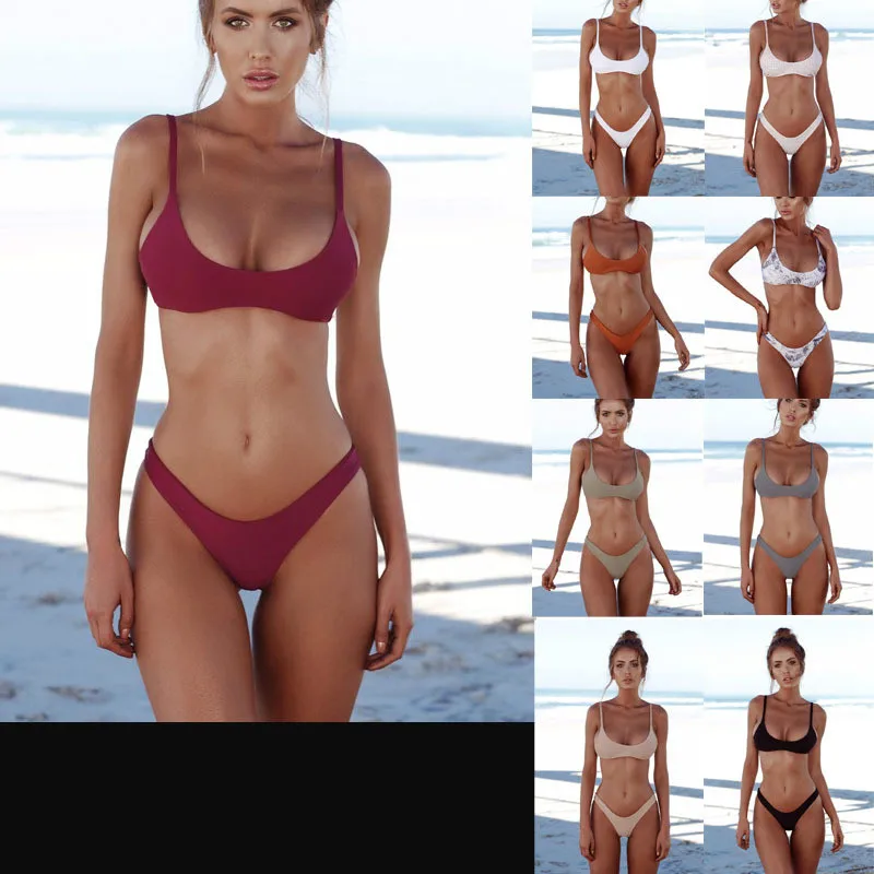 

2019 new fashion Europe and America Women's Pure color fresh swimwear sexy split bikini pop bikini