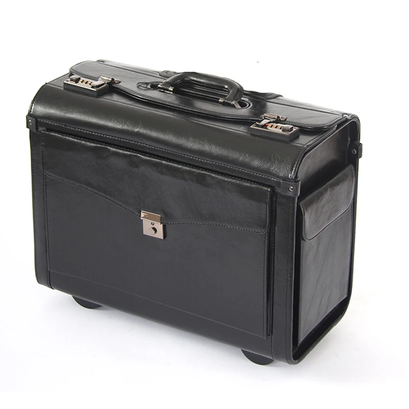 Pilot Rolling Luggage Casters 16 Inch Business Carry On Trolley Women Men Wheels Suitcases Captain PU Travel Bag Trunk